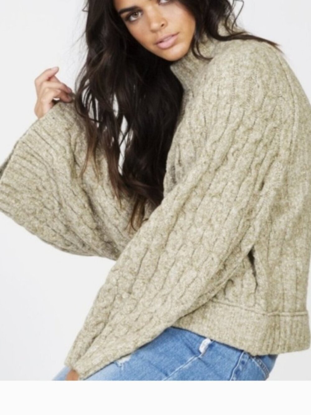 Free People Snow Bird Mock Neck Cable Knit Green Wide Sleeve Sweater Sz XS